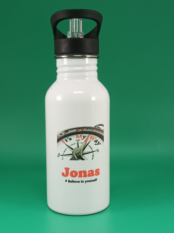 Edelstahl-Trinkflasche, 500ml, weiß, Design "Kompass"